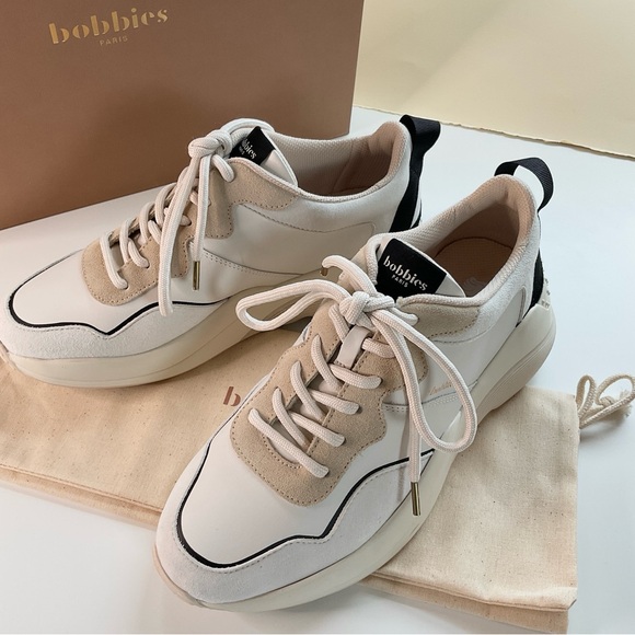 NEW • BOBBIES PARIS Beige and Black Leather Sneakers - Picture 7 of 16